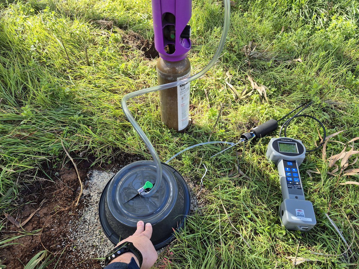 Helium leak test on soil vapour bore — shroud, helium canister and multi-gas detector setup — Elizabeth Grove SA