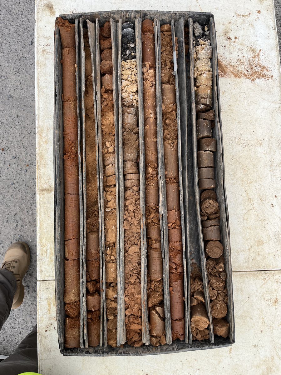 Multi-column core tray showing variable alluvial fill and natural soil profile — Brompton