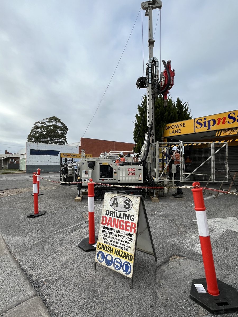 Comacchio GEO305 drill rig operating in constrained urban setting — Brompton SA