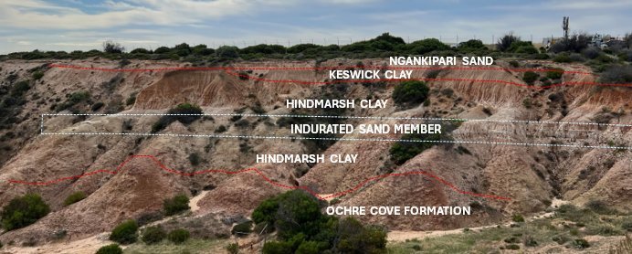 Coastal cliff stratigraphy — Ngankipari Sand, Keswick Clay, Hindmarsh Clay sequence