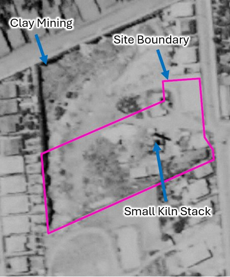 Annotated historical aerial — clay mining extent, kiln stack and site boundary